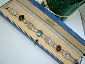 VINTAGE SCOTTISH SOLID 925 STERLING SILVER BANDED AGATE LION RAMPANT 8" BRACELET - Picture 1 of 10