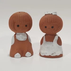 Vintage Salt Pepper Shakers Boy Girl Unglazed Clay 3.5" Red White - Picture 1 of 6