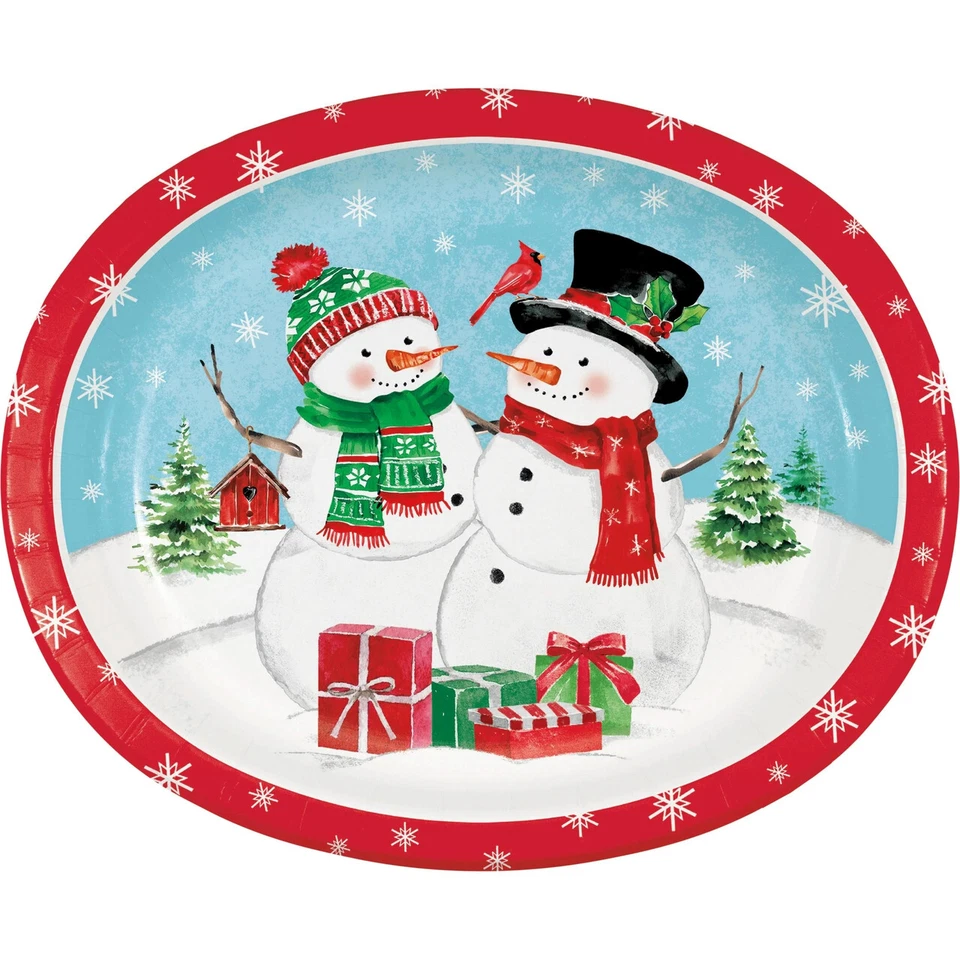 Snowflakes and Snowmen Paper 8 Ct Oval Banquet Platters Plates 10 x 12" - Image 1 of 1