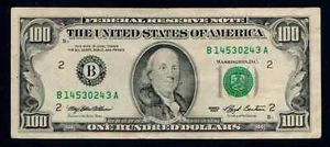 $100 1993 Green Seal Federal Reserve Notes New YorkFree Shipping (B175) - Picture 1 of 2