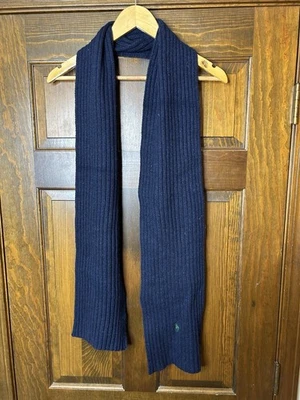 Polo Ralph Lauren Blue Wool Mens Scarf Green Embroidered Pony Logo 70” Long - Image 1 of 3