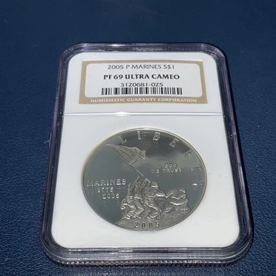 2005 P Marine Corps Silver Proof Dollar NGC PF69 Ultra Cameo - Image 1 of 4