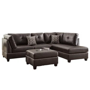 Poundex 3 Piece Faux Leather Sectional Sofa Set with Ottoman in Espresso - Picture 1 of 6
