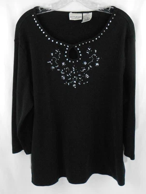 White Stag Womens Plus 18W Black Round Neck 3/4 Sleeve Embroidered Blouse Top - Image 1 of 4