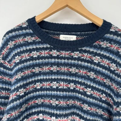 American Eagle Mens Striped Fair Isle Knit Sweater Crewneck Blue Large NWT - Image 1 of 4