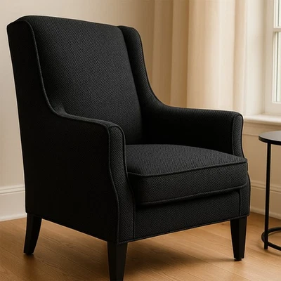 Black Herringbone Tweed Fabric 70% Wool 145cm Wide Ottomans Stools Upholstery - Image 1 of 4