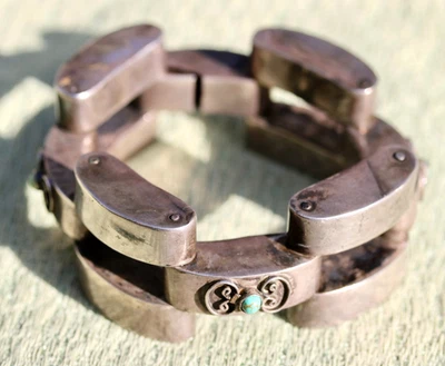 vintage HINGED PANEL Mexican STERLING SILVER 925 TURQUOISE bracelet 58.68g! - Image 1 of 4