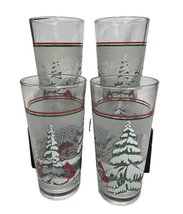 4 Vintage KIG Christmas Tree Snow Scene Cabin Frosted & Clear Glass Tumblers 6" - Picture 1 of 7