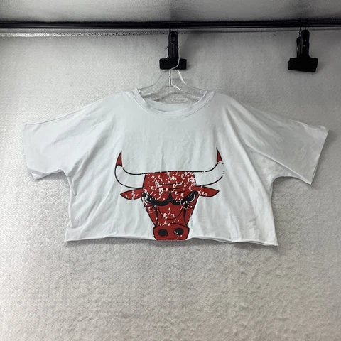 Fisll Women’s White NBA Bulls Crew Neck Half Sleeve Crop T-Shirt Size Medium Cover