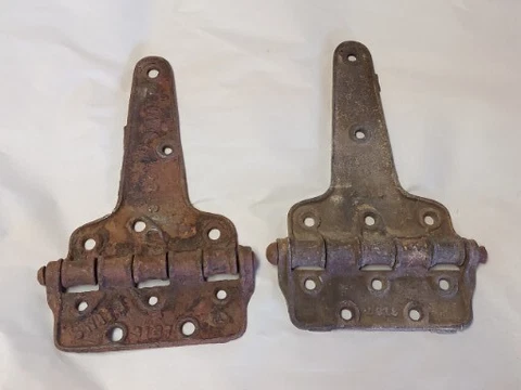 2 Large Vintage Railroad Box Car Hinges - CI Barn Door Gate Hardware Rusty Lot Cover