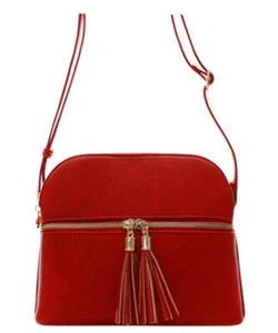 Red Double Zip Tassel Accent Medium Crossbody Bag - Picture 1 of 1