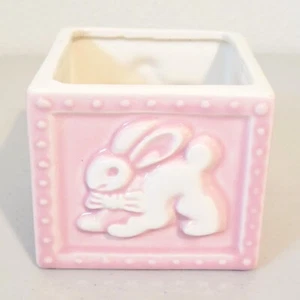 Vintage Garden House Ceramic Baby Block A B BUNNY CHICK Pink Planter 4" x 3.5" - Picture 1 of 6