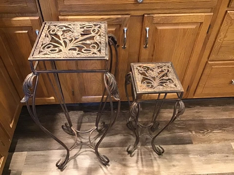 Vintage PAIR Ornate Cast Iron Plant Stands Tables Bronze Acanthus Flowers & Bees Cover