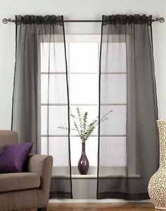 Black - Rod Pocket Sheer Tissue Curtain Panel Drape - Various Sizes - Picture 1 of 17