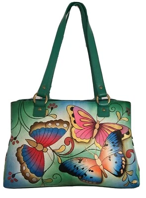 Bolso de Mano Anuschka Cuero Pintado a Mano Multi Compartimento-Henna Verde Mariposa Foto 1 de 4