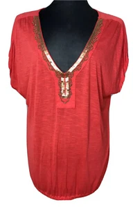 Izod Short Sleeve Shirt Lg Blouson Top Orange/Red Beaded VNeck Dressy TShirt EUC - Picture 1 of 7