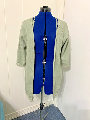 VALENTINO Cardigan kimono Valentina Naldi Italia 100% lino verde ricamo uncinetto taglia OS