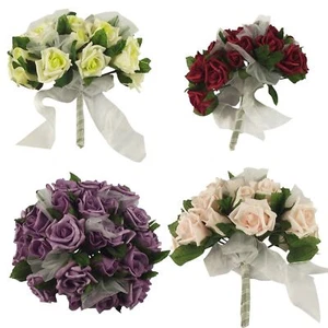 Shabby Chic Rose and Voile Bouquet Artificial Wedding Flowers Fake Silk - Picture 1 of 5