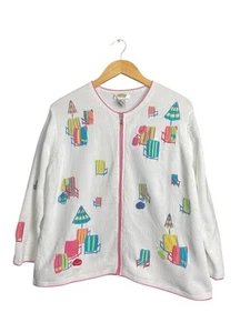 Talbots White Embroidered Beach Chairs Sweater Women Size Large Tourist Chic - Picture 1 of 11