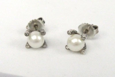 David Yurman Cable Collectables Sterling Silver Pearl and Diamond Stud Earrings - Image 1 of 4
