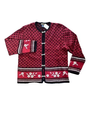 Suéter Woolrich XL Lana Rojo Cierre Frontal Cárdigan Floral Mujer Abuela Foto 1 de 4