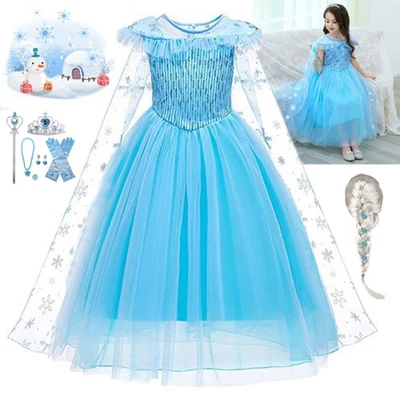 Frozen Elsa Princess Costume Girls Sparkly Blue Dress Birthday Party Outfit Gift - Image 1 of 4
