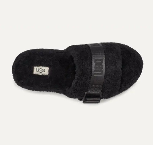 SANDALO UGG FLUFFITA PLATFORM SLIDE CINTURINO LANA RICCIO NERO DONNA US 9