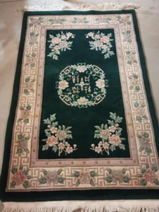 Vintage 4 x 6 Green & Ivory 100% Wool Chinese Aubusson Rug - Picture 1 of 3