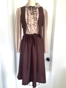 Vintage 70’s 2 Pc Ruffle Prairie Brown Boho Midi Dress - M Long Sleeve Peasant - Picture 1 of 7