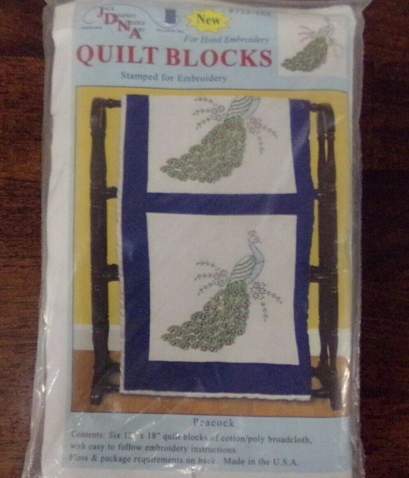 Jack Dempsey Stamped White Quilt Blocks, 18-Inch by 18-Inch, Peacock, 6-Pack