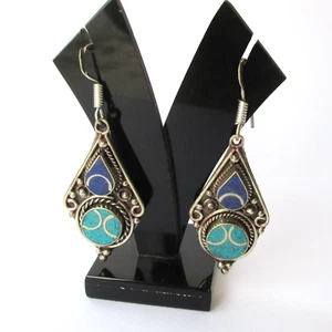 Tibetan Authentic Turquoise Lapis Earrings Christmas gift handmade jewelry - Picture 1 of 8