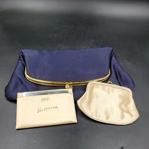 SATÉN AZUL PLEGABLE COBLENTZ BOLSO DE NOCHE DORADO SATINADO INTERIOR W / ORIG  - Imagen 1 de 7
