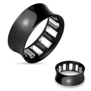 Pair of Square Stones Black Ion Surgical Steel Saddle Double Flare Ear Lobe E156 - Picture 1 of 1