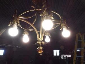 Vintage Brass Light Fixture Chandelier 5 Bulb with Leaves and Glass Balls - Picture 1 of 21