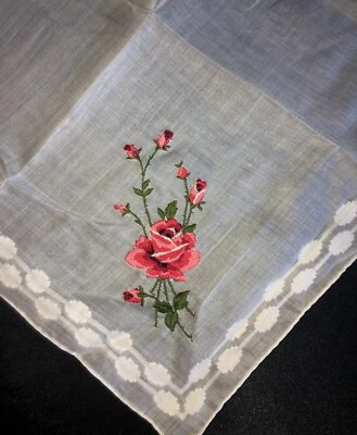 NOS Vintage 1950s Burmel Handkerchief Embroidered Red Pink Roses & Border- Tag - Image 1 of 4