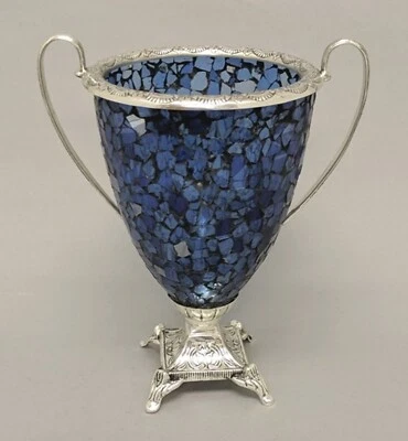 Vase Glass Mosaic Cobalt Blue Silver Base & Handles Centerpiece 7"Dia 10.5"High - Image 1 of 4