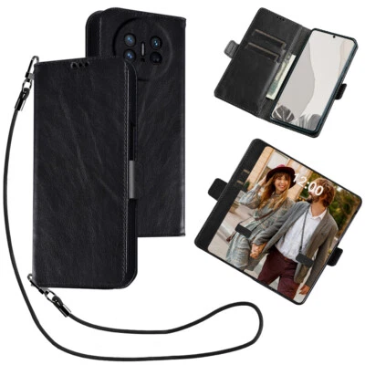 For HUAWEI Fold Magnetic Genuine Leather Crossbody Strap Wallet Case - Image 1 of 4