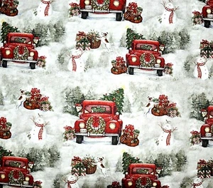 BTY*CHRISTMAS*RED TRUCK*TREES*SNOWMAN*HOLIDAY*DOGS ON COTTON FABRIC 44X36 - Picture 1 of 3
