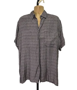 Vintage 90s Robert Stock Silk Button Down Shirt Mens Large Black Cream Geometric - Picture 1 of 8