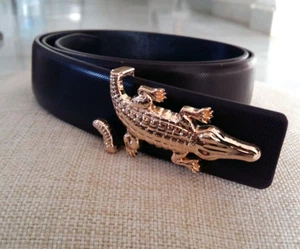 Cinturón belt de caballero en PU sintético marrón y hebilla con cocodrilo dorado - Imagen 1 de 5