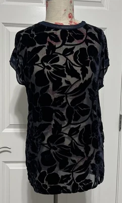 Camisa Blusa Top Mujer THEORY Talla P Azul Marino Terciopelo Transparente Floral Foto 1 de 4