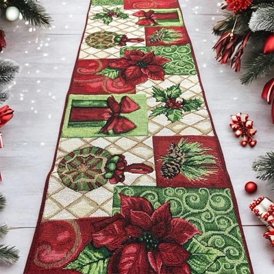 Vintage Tapestry Christmas Table Runner Red Velvet Back Poinsettias Holiday - Image 1 of 4