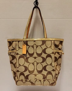 Vintage Y2k Coach Signature Gallery Beuteltasche Tasche in Khaki und Gold Pythonbesatz 8626 - Bild 1 von 23