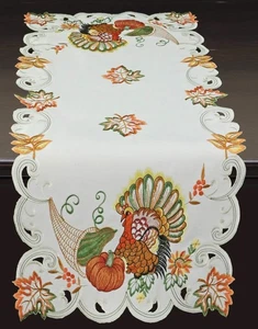 Fall Harvest Thanksgiving Table Runner 15x34, Embroidered Turkey Pumpkin Mapl... - Picture 1 of 1