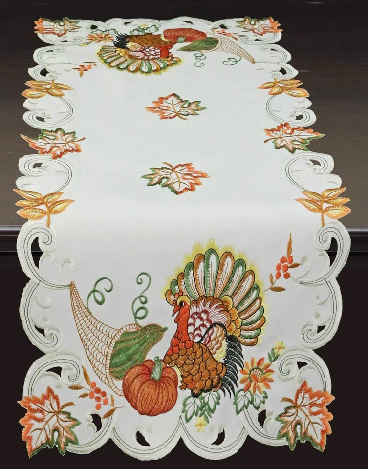 Fall Harvest Thanksgiving Table Runner 15x34, Embroidered Turkey Pumpkin Mapl... - Image 1 of 1