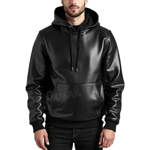 Men's Black Premium Leather Hoodie Handmade Genuine Lambskin Leather Jacket Coat - Picture 1 of 5