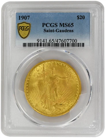 1907 $20 Saint St. Gaudens, PCGS MS65, Superb Creamy Luster, Very PQ Cover
