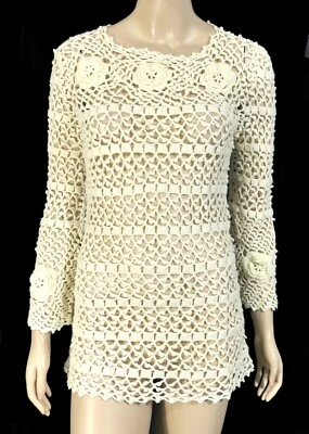 Vintage 70s LeRoy Sweater Sexy Hollow Cut Out Fishnet Flower Bell Mod Go Go M - Image 1 of 4