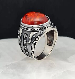 Solid 925 Sterling Silver Handmade Jewelry Big Oval Amber Turkish Men's Ring