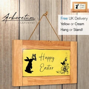 Insegna/targa in legno Happy Easter Home - legno duro e ceramica, giallo e crema - Foto 1 di 11